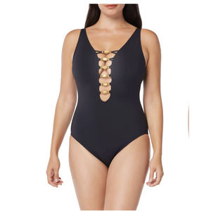 Bleu Rod Beattie Black One-Piece Plunge Swimsuit with Gold Ring Detail